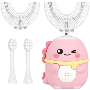 Jonuin Spazzolino Elettrico a Forma di U per Bambini, Spazzolino Sonico con 2 Testine a Forma di U in Silicone e 2 Testine Morbide, 360º, per Bambini e Bambine Dai 2 ai 12 Anni, Dinosauro Rosa