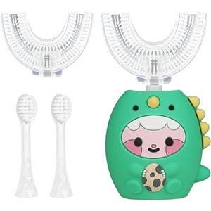 Jonuin Spazzolino Elettrico a Forma di U per Bambini, Spazzolino Sonico con 2 Testine a Forma di U in Silicone e 2 Testine Morbide, 360º, per Bambini e Bambine Dai 2 ai 12 Anni, Dinosauro (Verde2)