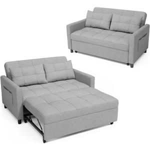 Blishom Divano Letto 2 Posti 3 in 1,Divano Matrimoniale Prontoletto Estraibile con 2 Guanciali e Tasche Laterali per Soggiorno, Camera da Letto o Ufficio,132X80X90cm,Grigio chiaro