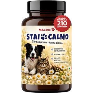 MACRILI Calmante Cane e Gatto 210 Compresse Aroma Pollo | per Cani Nervosi, Agitati e Stressati | Integratore Antistress per Temporali, Rumori Forti, Viaggi e Ansia da Separazione
