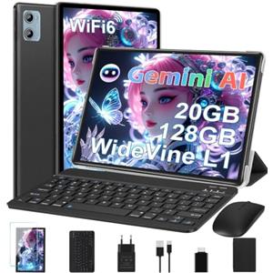 DEERTiME 2026 Tablet Android Gemini AI, Tablet 10 Pollici, 20GB RAM+128GB ROM/TF 2 TB, Octa-Core, WiFi 6, Batteria 6000mAh, BT5.0, GMS, Widevine L1, Tablet Touch 2 in 1 con Tastiera Mouse e Custodia - Nero