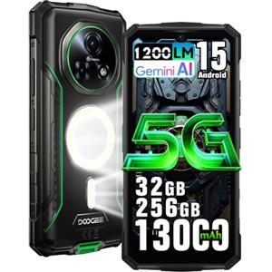 DOOGEE Fire 7 Pro 5G Rugged Smartphone,1200LM Luce Campeggio,Intercom via App,32GB+256GB/2TB,13000mAh 33W Android 15 Telefono Indistruttibile,6.6''HD+90Hz,64 MP AI Fotocamera,NFC/3 Slot (Verde)