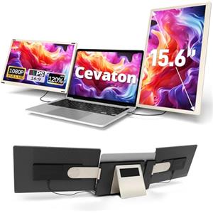 Cevaton Prolunga schermo per computer portatile, 15,6 pollici, FHD 1080P IPS Triple Portable Monitor Fit per laptop da 13-17,3 pollici, supporto integrato e doppio altoparlante monitor esteso, compatibile con