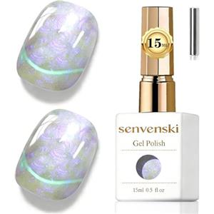 Senvenski Gelatina Vetro Cat Eye Smalto Semipermanente, 15ML Occhi di Gatto Magnetica per Gel Unghie Kit Olografico Glitterato Cristallo Smalti Unghie Salon Home DIY (Aurora Sirena Viola, 0.5fl oz)