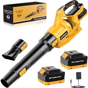 JYGMPRO Soffiatore a batteria 21V - Soffiatore elettrico con 2 batterie da 4,0 Ah, 2 ugelli di prolunga, 3 velocità regolabili, tracolla per la pulizia del giardino, della polvere e dell'auto