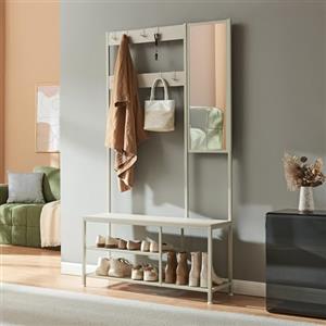 [en.casa] Stand Appendiabiti con Specchio Panca Integrata e 2 Ripiani per Scarpe Attaccapanni da Terra con Ganci Scarpiera e Seduta 185 x 98 x 34 cm Ingresso Guardaroba - Avena Oatmeal