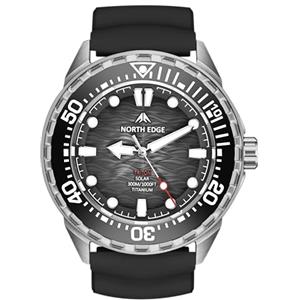 NORTH EDGE TRITON-TI Orologio Subacqueo Solare Uomo Donna, Cassa in Titanio, Impermeabile 300 m/30 ATM, Lunetta Unidirezionale, Quadrante Luminoso, Cinturino in Silicone Nero
