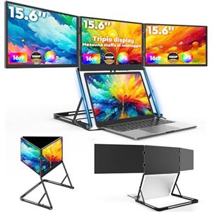 HONGO Triple Monitor Portatil 15.6" 1920×1080 FHD IPS per Laptop, Schermo Portatile PC, Portable Monitor per Windows/MasOS, Connettività USB C e HDMI(È necessario installare il Driver)