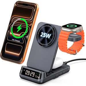 SwanScout Supporto caricabatterie wireless 3 in 1 da 25 W, compatibile con MagSafe, stazione di ricarica magnetica da viaggio pieghevole con orologio per iPhone 17/16/15, Apple Watch, Air Pods, SwanScout 708M
