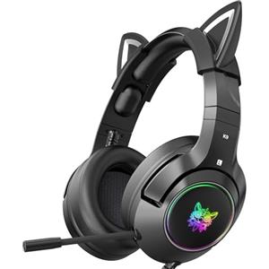 PHNIXGAM Cuffie da gioco per PS4, PS5, Xbox One X/S (senza adattatore), 3,5 mm, con orecchie di gatto rimovibili, microfono antirumore, RGB, suono surround per PC, telefono cellulare (nero)