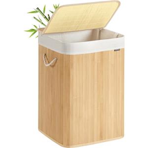 SONGMICS Cesto Portabiancheria, 95 L, Cesta Biancheria in Bambù Coperchio, Maniglie, Pieghevole, Sacco Rimovibile e Lavabile in Lavatrice, Lavanderia, Casa, Bagno, Naturale LCB060Y01