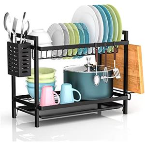 Carastek Scolapiatti da Appoggio 2 Livelli Scolapiatti Per Bancone Da Cucina, Scolapiatti da Lavello con Vassoio Gocciolatoio, Posate, Portabicchieri, Antiruggine Colapiatti, Adatto a Famiglia, Nero