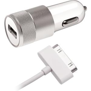 APM Caricatore accendisigari USB-A 2.1A bianco con cavo dock 30 pin 1 m, caricatore auto per vecchio iPhone, iPad, iPod, adattatore auto compatto 900023