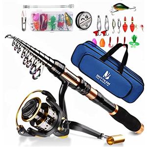 BNTTEAM Set Combinato Canna Da Pesca Telescopica Mulinello Da Spinning 99% Carbonio Con Borsa Esche Per Mare Acqua Dolce Stagno Fiume (T1-Kit completi, 2.1M/82.6in/6.88ft)