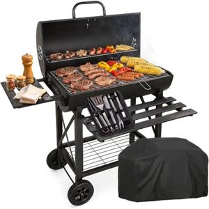 RMF PRO RMF Barbecue a Carbonella con Griglia XL con Termometro Integrato - Kit Accessori e Copertura inclusi, Carrello in Acciaio Resistente con Ruote, Ripiani Laterali Pieghevoli, Cassetto Raccogli-Cenere