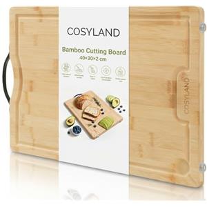 COSYLAND Tagliere da Cucina Grande 40×30 cm con Manico - Tagliere Legno Pre-Oliato con Solco Profondo per Succo, Base con Piedini Antiscivolo, Essenziale Cucina per Tagliare e Affettare (20MM)