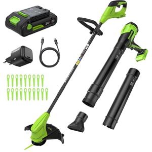 Greenworks 24V 25cm Tagliaseta senza fili/Bordatrice e soffiatore di foglie Brushless 270CFM Kit combinato, batteria da 2,0 Ah e caricabatterie incluse - CKS022