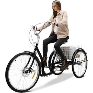 FortyFor 20 pollici 3 ruote bicicletta nero sedile regolabile triciclo con cestino e campanello manuale 6 marce triciclo per adulti anziani anziani, ragazze, ragazzi, uomini e donne