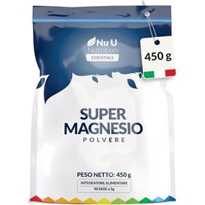 Nu U Nutrition Super Magnesio Polvere 450g - 430mg di Magnesio Carbonato Puro per Dose - 90 Porzioni - 3 Mesi di Fornitura - Altamente Solubile - Senza Gusto e 100% Vegano - Fabbricato in Europa