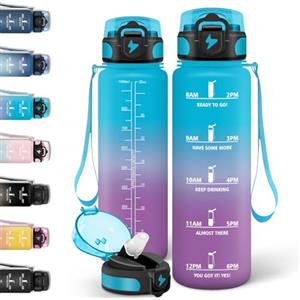 Motswedi Borraccia 1l, con Cannuccia, Borraccia Palestra, a Prova di Perdite, Bottiglia acqua, Con Marca Temporale, Bottiglia Acqua per Campo da Tennis, Ufficio, Campeggio, Viaggi - Blu&Viola