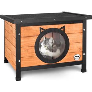 VOUNOT® Casetta per Gatti in Legno con Porta Design Orecchie di Gatto, Cuccia da Esterno Casa per Gatti con Porta e Tetto 57 x 45 x 43 cm
