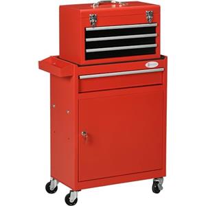 DURHAND Carrello Porta Attrezzi 2 in 1 con Cassetta Portautensili Rimovibile, Armadietto con Chiave e 4 Cassetti Totali in Acciaio, Rosso
