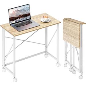HOMCOM Scrivania Salvaspazio Pieghevole 80x40x75 cm Scrivania Piccola Portatile con Ruote Frenanti Tavolo Computer Richiudibile per Studio, Casa e Ufficio Rovere