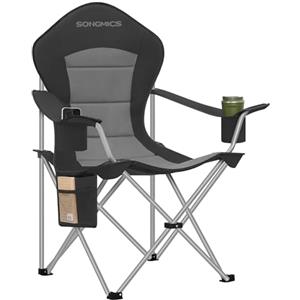 SONGMICS Sedia da Campeggio, Sedia Pieghevole e Portatile con Seduta Ampia, Schienale Alto, con Portabicchiere, Supporto per Cellulare, Organizzatore in Tessuto, Nero e Grigio GCB005BH01