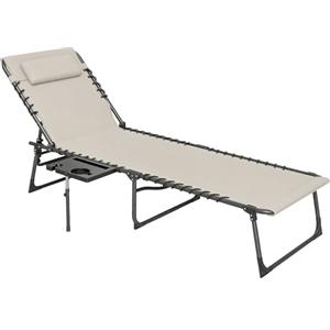 Outsunny Sdraio da Giardino Pieghevole e Reclinabile a 5 Livelli, Lettino Prendisole da Giardino con Tavolino Laterale, Tasca e Maniglie, in Acciaio, PP e Tessuto Oxford, 60x190x31 cm, Crema
