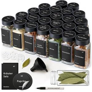 Happy Lemuro Set di 24 barattoli per spezie - Contenitore per spezie in vetro da 120 ml con coperchi in bambù, inserti per spargere, etichette, imbuto e spazzola, dispenser per spezie con accessori