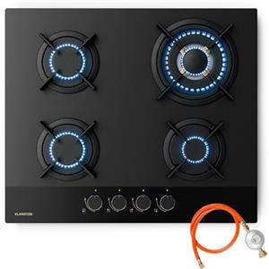KLARSTEIN Goldflame Nano - Piano Cottura a Gas, 4 Bruciatori in Ottone, 8kW, Vetro Nano, 60cm, Bruciatore Wok, Accensione Automatica & Protezione Fiamma, Convertibile GN/GPL, Elegante Fornello a Gas