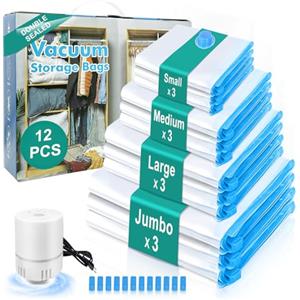 CUBTEM Sacchetti sottovuoto per vestiti con pompa ad aria elettrica, 12 sacchetti sottovuoto per coperte, 3 jumbo, 3 grandi, 3 medie, 3 piccoli riutilizzabili per viaggi e conservazione