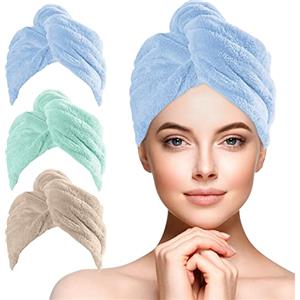 URAQT Asciugamano Microfibra Capelli, 3 Pezzi Asciugamano Capelli Turbante con Bottone, Morbido Assorbente e Asciugatura Rapida, Turbante Super Assorbente per Capelli Corti e Lunghi(Tinta Unita)