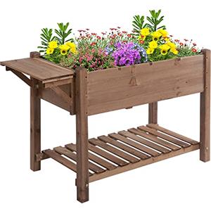 Outsunny Letto per Orto Rialzato in Legno, Fioriera Rialzata con Ripiano Pieghevole e Mensola Inferiore, 123x54x80cm, Marrone