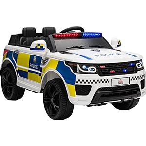 HOMCOM Macchina Elettrica per Bambini della Polizia, 12V Auto Elettrica per Bambini con Telecomando, Sirena Luci Attacco USB per Musica, 110x68x52cm, Bianco