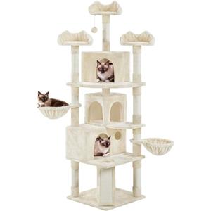 Yaheetech Albero Tiragraffi per Gatti Altezza 194 cm in Truciolato e Corda in Sisal con 3 Casette Rampa e Ceste Multilivello Beige