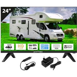 Antteq Televisore LED 24 Pollici (60 cm) HD con 12V - Senza Smart TV, Triple Tuner DVB-C/T2/S2, Modalità Hotel, Audio Dolby, SCART & CI+ - Ideale per Camper, Campeggio e Hotel