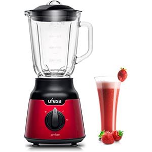 Ufesa BS4100 Amber Red Frullatore da Tavolo Compatto, 900 W, Caraffa in Vetro da 0.8 L, 2 Velocità + Pulse, 4 Lame Inox, Chiusura Ermetica, Tritaghiaccio, Senza BPA, Inox Rosso, Esclusiva Amazon