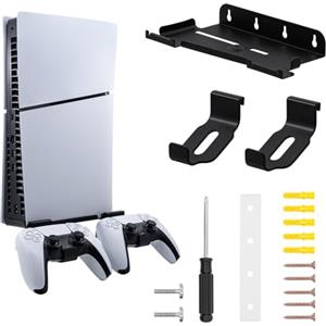 Mcbazel Supporto da Parete per PS5 Slim con 2 Ganci per Controller, Staffa di Sospensione in Metallo d'Acciaio, Accessori Durevoli per PS5 Slim Edizione Disco/Digitale - Nero(Non per PS5/PS5 Pro)