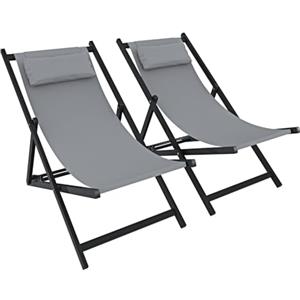 BRICOZONE Set di 2 Sedie Sdraio Leggera Da Giardino Schienale Regolabile Pieghevole Ergonomica Con Cuscino Traspirante Struttura Nera In Alluminio Da Esterno Piscina Mare Portata 160 Kg Grigio