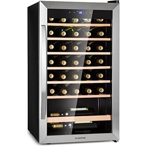KLARSTEIN Cantinetta Vino, Cantinetta Vino Refrigerata a Zona Singola per Interno/Esterni, Frigo Bar, Cantina con Vetrina, Mini Bar, Frigo con Illuminazione LED, 4-18°C, 36 Bottiglie