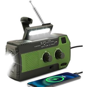 SOLARBABY Radio solare di emergenza con manovella per autoscarica, torcia a LED, allarme SOS, radio AM/FM e batteria da 4000 mAh, che può anche effettuare cariche di emergenza per smartphone(Verde)