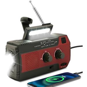 SOLARBABY Radio solare di emergenza con manovella per autoscarica, torcia a LED, allarme SOS, radio AM/FM e batteria da 4000 mAh, che può anche effettuare cariche di emergenza per smartphone(Rosso)