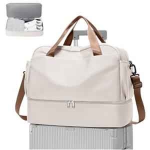WEPLAN Borsone da Viaggio Donna Bagaglio a Mano Easyjet 45x36x20 Borsa da Viaggio Donna Uomo Borsone Palestra con Scomparto per le Scarpe Travel Bag Borsa Sportiva Cabina Weekend,C01-Beige con Marrone