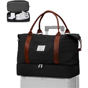 WEPLAN Borsone da Viaggio Donna Bagaglio a Mano Easyjet 45x36x20 Borsa da Viaggio Donna Uomo Borsone Palestra con Scomparto per le Scarpe Travel Bag Borsa Sportiva Cabina Weekend,A06-Nero con Marrone