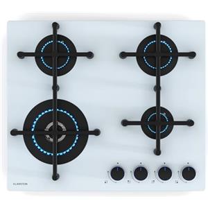 Klarstein Illuminosa 4 - Piano Cottura a Gas, 4 Bruciatori Sabaf, Wok: 4 kW, Vetro Temperato, Accensione Elettrica, Sicurezza per Interruzione della Fiamma, Compatibile con Gas Naturale & GPL, Bianco