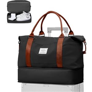 WEPLAN Borsone da Viaggio Donna Bagaglio a Mano 40x30x20 Ryanair Wizzair Borsa da Viaggio Donna Uomo Borsone Palestra con Scomparto per le Scarpe Travel Bag Borsa Sportiva Weekend,A06-Nero con Marrone
