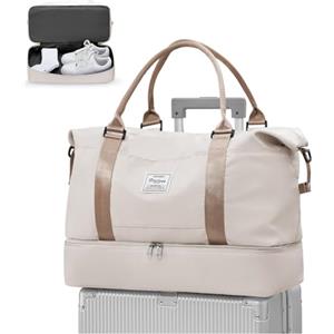 WEPLAN Borsone da Viaggio Donna Bagaglio a Mano Easyjet 45x36x20 Borsa da Viaggio Donna Uomo Borsone Palestra con Scomparto per le Scarpe Travel Bag Borsa Sportiva Cabina Weekend,A01-Beige con Marrone