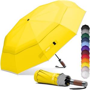 Royal Walk Ombrello da viaggio pieghevole antivento, compatto e resistente, con manico in vero legno, apertura automatica, chiusura automatica, doppia tettoia per uomini e donne, Giallo, L, Moderno