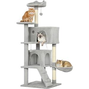 PawHut Tiragraffi per Gatti Alto 140 cm, Albero per Gatti Multilivello con 3 Pali Graffiatoi, 2 Grotte, Cuccia, Amaca, 2 Pompon, Piattaforma e Scala, Torre per Gattini, in Peluche, Grigio Chiaro